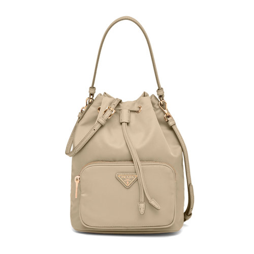 PRADA/普拉達 22新款 duet系列 女士米色再生尼龍皮革手柄拉鏈口袋金色徽標滑動閉合手提單肩包1BH038_RV44_F0F24_V_UOO