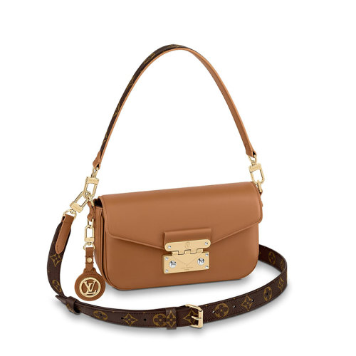 Louis Vuitton/路易威登 22春夏新款SWING系列 女士榛子色牛皮革金扣徽標(biāo)吊飾配可拆卸老花帆布肩帶單肩斜挎手提包M20396