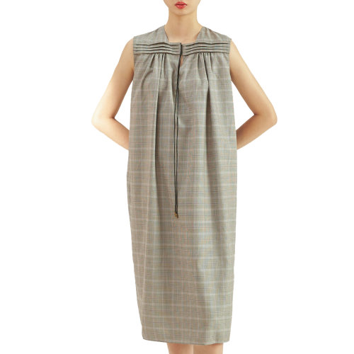 19年春夏款nisiss/怡夕格紋系帶領(lǐng)無袖寬松連衣裙女士連衣裙Y151SO56