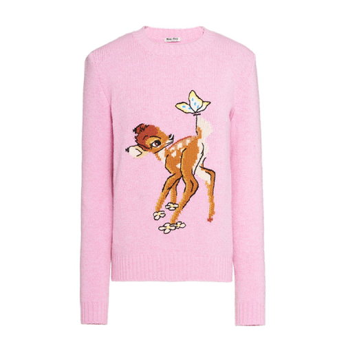 MiuMiu/繆繆 粉色 女士小鹿斑比卡通圖案羔羊毛針織衫 MML287_AGR_F0028
