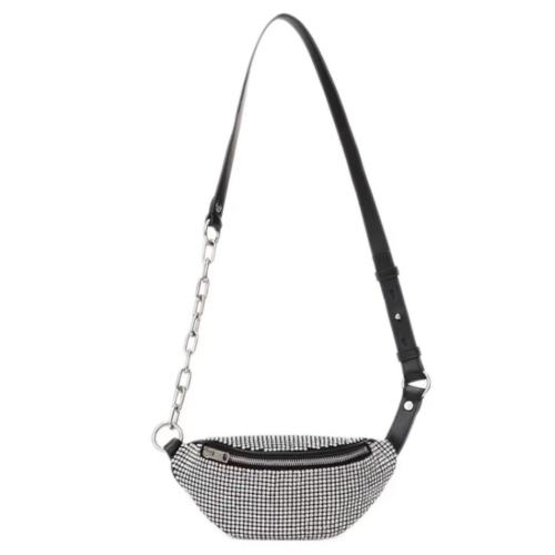 ALEXANDER WANG/亞歷山大·王  經(jīng)典款attica黑色皮革搭配白色水鉆鏈網(wǎng)迷你腰包2030X0823J A2 100【主推】女包