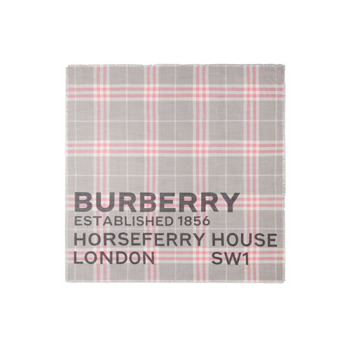 BURBERRY/博柏利 22年秋冬新款 Horseferry系列 男女同款淡灰色/淡粉色絲毛混紡印花格紋大號(hào)方巾80573881
