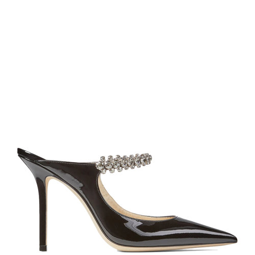 Jimmy Choo/周仰杰 22年秋冬新款 Bing 100系列 女士黑色漆皮配水晶綁帶尖頭高跟鞋BING100PAT-NOIR