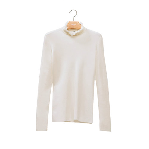 HERMES/愛馬仕 22年秋冬新款 女士白色真絲混紡飾荷葉邊領(lǐng)長袖套頭衫毛衣H2H2653DM9134