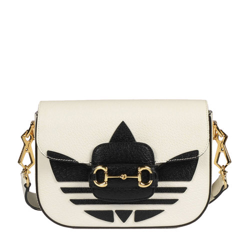 GUCCI/古馳 22新款阿迪達(dá)斯聯(lián)名Horsebit 1955系列 女士迷你白色皮革飾黑色主題系列三葉草印花金扣配可拆卸紅綠織物肩帶單肩斜挎手提包658574U3ZDG8727