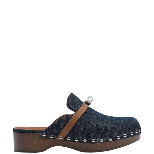 HERMES/愛馬仕 22年春夏新款 Carlotta系列 女士藍(lán)色小牛皮和牛仔布Kelly搭扣木底拖鞋穆勒鞋H221098Z48350