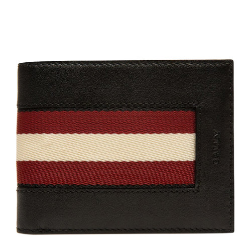 BALLY/巴利 Byda系列男士黑色牛皮經(jīng)典字母徽標(biāo)壓花紅白條紋裝飾短款雙折錢(qián)夾錢(qián)包卡包零錢(qián)包男包 6235669【預(yù)售3-4周發(fā)貨】