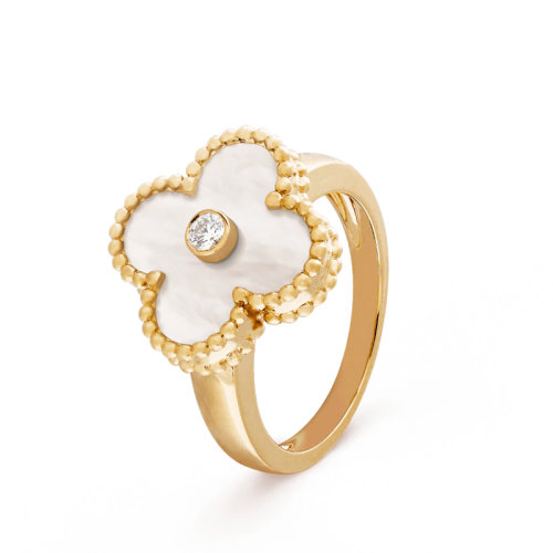 Van Cleef & Arpels/梵克雅寶 經(jīng)典Vintage Alhambra系列 18K金黃金鑲嵌白色珍珠貝母和一顆鉆石幸運四葉草戒指 VCARA41100