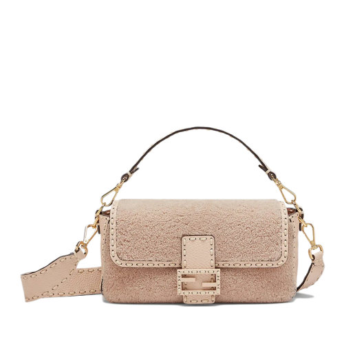 FENDI/芬迪  BAGUETTE系列 女士中號(hào)粉色羊毛配皮翻蓋斜挎單肩手提法棍包8BR600AH96F1F7N