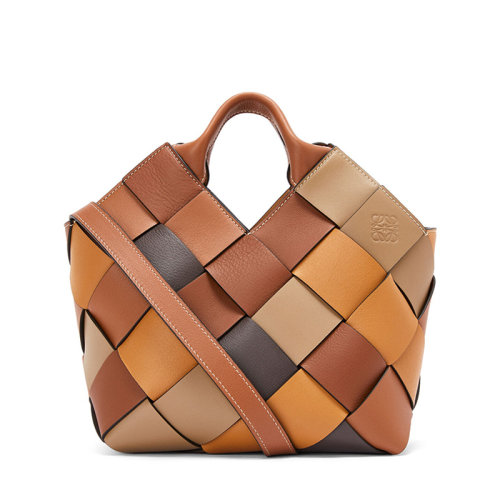 LOEWE/羅意威 22春夏新款Surplus系列 女士小號棕色拼色牛皮革編織單肩手提籃A521T32X25-3113