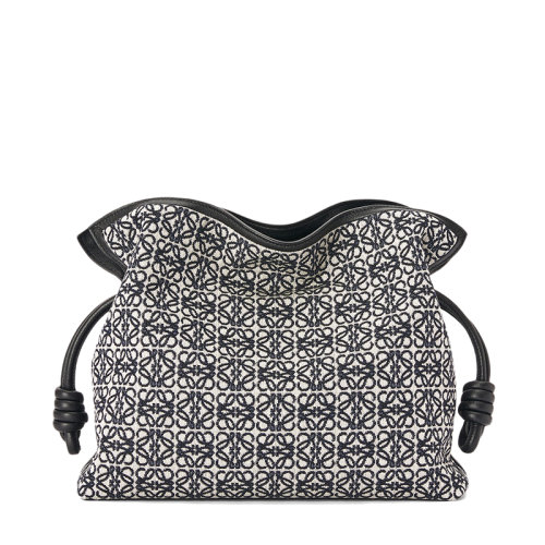 LOEWE/羅意威 22春夏新款Flamenco系列 女士黑色海軍藍色徽標提花織物配皮束帶單肩手拿包0010642817