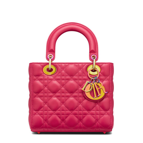 DIOR/迪奧 22春夏新款LADY DIOR系列 女士小號(hào)亮粉色藤格紋羊皮革彩虹色吊飾單肩斜挎手提戴妃包M05314NEE_M15F