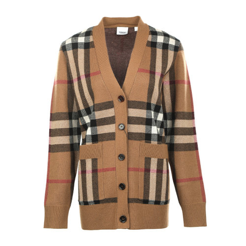 BURBERRY/博柏利22春夏格紋羊毛混紡提花開(kāi)衫女士針織衫/毛衣8043372