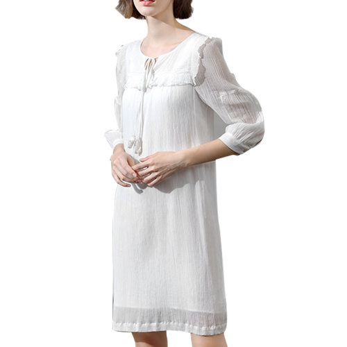 GeleiStory/GeleiStory  夏季娃娃領(lǐng)真絲絲棉連衣裙顯瘦氣質(zhì)簡約中長款連衣裙   女裝＞女士裙裝＞女士連衣裙