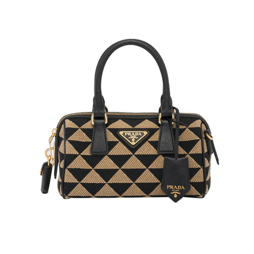 PRADA/普拉達(dá) 22新款 女士黑色/米色刺繡面料配saffiano皮革手柄琺瑯徽標(biāo)拉鏈開(kāi)合單肩手提斜挎包1BB846_2FKL_F0Y30_V_XOO