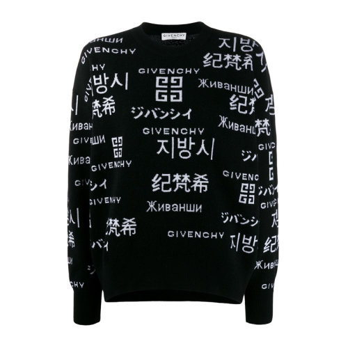 Givenchy/紀(jì)梵希 女士黑色羊毛混紡羊絨經(jīng)典字母徽標(biāo)嵌花裝飾圓領(lǐng)長袖上衣毛衣針織衫套頭衫 BW90894Z5Z-004
