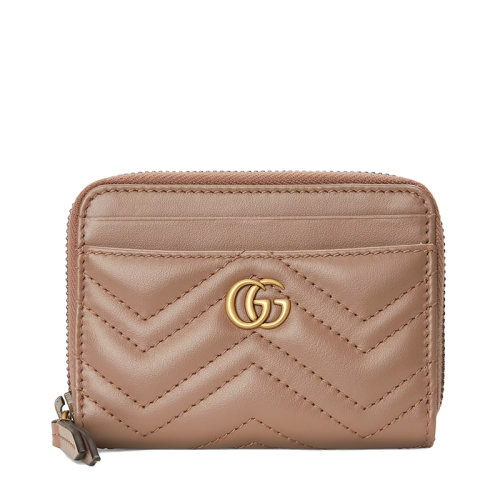 GUCCI/古馳  GG Marmont系列 女士粉色絎縫皮革金色雙G裝飾拉鏈卡包卡片夾?671772DTDHT5729