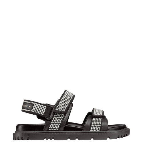 DIOR/迪奧 22年早春新款 DIORACT系列 女士黑色皮革科技面料配白色珍珠后跟金色LOGO魔術(shù)貼涼鞋KCQ567NNP_S55X