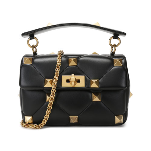 Valentino/華倫天奴 女士羊皮革復(fù)古鉚釘裝飾Roman Stud手提單肩斜挎包鏈條包中號 WW2B0I82 BSF