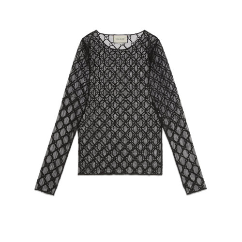 GUCCI/古馳  女士新款黑色刺繡GG薄紗長袖T恤 574407 XJA86 1000
