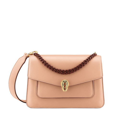 BVLGARI/寶格麗 SERPENTI FOREVER系列 女士中號(hào)米色小牛皮翻蓋粉色珍珠母貝鱗片蛇頭扣單肩斜挎手提包290978