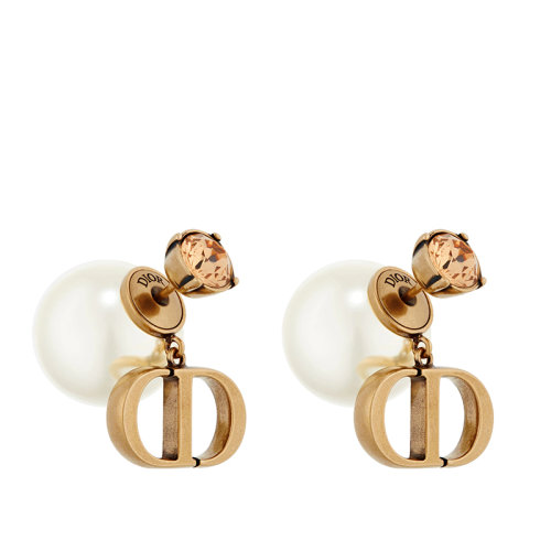 DIOR/迪奧 22新款DIOR TRIBALES系列 女士白色樹脂珠子配金屬CD徽標吊飾鑲嵌黃玉色透明晶體耳扣耳釘耳環(huán)E2026WOMCY_D04L