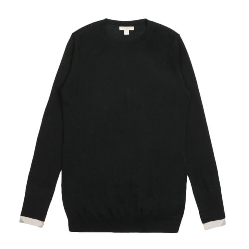 BURBERRY/博柏利 女士黑色羊絨混紡棉質(zhì)格紋袖口圓領(lǐng)長袖上衣毛衣套頭衫針織衫 3855185