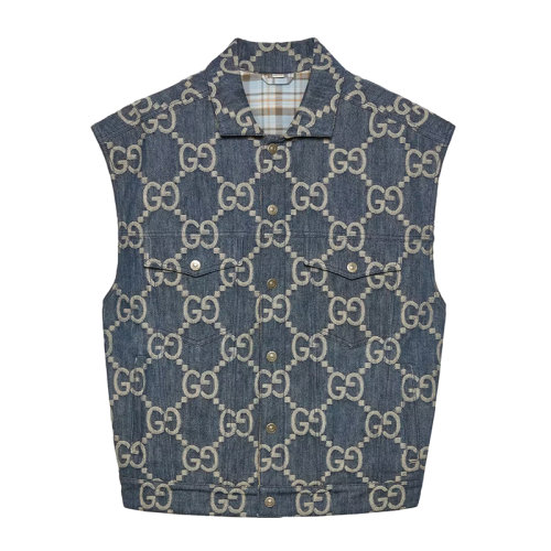 GUCCI/古馳 22年春夏新款 PINEAPPLE系列 男士藍(lán)色和象牙白飾超級(jí)雙G圖案提花丹寧面料純棉馬甲夾克?674339XDBTY4492