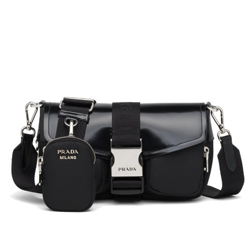 PRADA/普拉達(dá)  黑色的再生尼龍拼接皮革斜挎單肩包1BD295_789_F0002_V_BFO