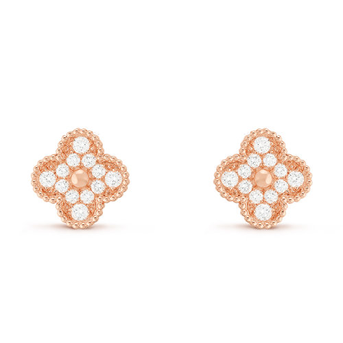 Van Cleef & Arpels/梵克雅寶 經(jīng)典Vintage Alhambra系列 18K金玫瑰金鑲嵌滿鉆四葉草耳釘VCARP2R500