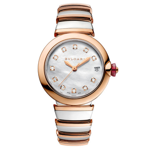 BVLGARI/寶格麗 不銹鋼表殼18K金玫瑰金表圈和表鏈 白色珍珠母貝表盤 鑲有鉆石的時標(biāo) LVCEA自動機械手表 33毫米102198