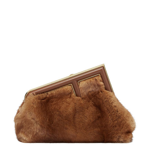 FENDI/芬迪 20  FENDI FIRST系列 女士小號(hào)棕色貂皮小羊皮飾面斜向金屬搭扣單肩斜挎手拿包8BP129AHVPF0VPH