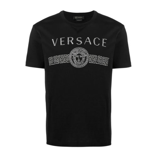 VERSACE/范思哲 男士黑色棉質(zhì)經(jīng)典字母徽標(biāo)美杜莎頭像印花裝飾圓領(lǐng)短袖上衣T恤 A85941-A228806-A1008