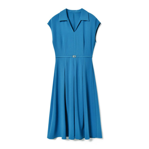 GeleiStory/GeleiStory  春夏新款翻領(lǐng)日式優(yōu)雅氣質(zhì)壓褶通勤顯瘦包袖v領(lǐng)中長款連衣裙   女裝＞女士裙裝＞女士連衣裙