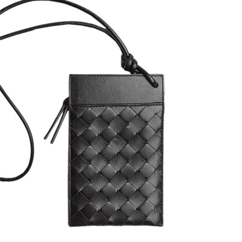 Bottega Veneta/葆蝶家 女士黑色羊皮編織拉鏈零錢(qián)包卡包手機(jī)套女包 629548-VCPP3-8803