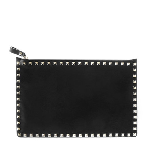 Valentino/華倫天奴 女士黑色牛皮經(jīng)典字母徽標(biāo)印花鉚釘裝飾拉鏈開合手拿包公文包女包 RW2P0269-BOL-0NO