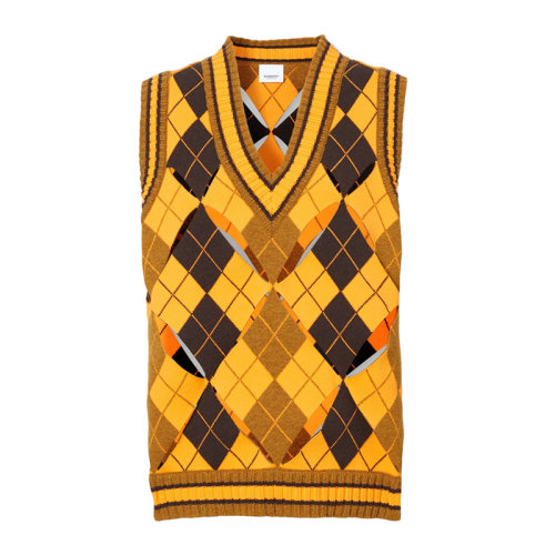 BURBERRY 博柏利 巴寶莉 女士 服裝 21春夏 黃色拼色V領(lǐng)無袖背心羊毛針織衫 女士馬甲