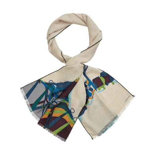 HERMES/愛(ài)馬仕 22年早春新款 男士米色拼色羊絨和真絲混紡印花圍巾H693843T07