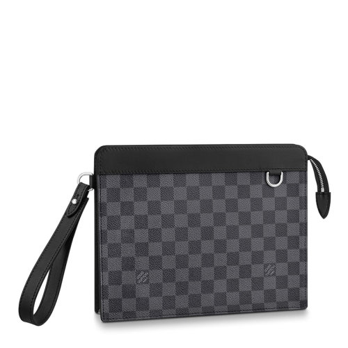 Louis Vuitton/路易威登 22春夏新款STANDING POUCH系列 男士黑色棋盤(pán)帆布配皮徽標(biāo)印花銀扣拉鏈開(kāi)合手拿包N64612