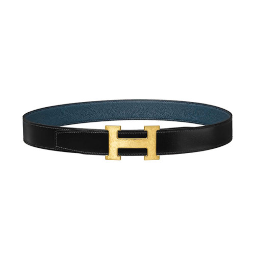 HERMES/愛馬仕 H系列 黑藍(lán)色荔枝紋小牛皮 男士雙面捶打金扣皮帶 32毫米H064549CC06/H073967CAAD075