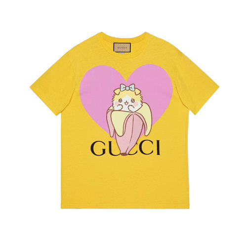 GUCCI/古馳 22年秋冬新款 愛的進行曲系列 女士黃色純棉心形Bananya印花短袖T恤615044XJD8I7269