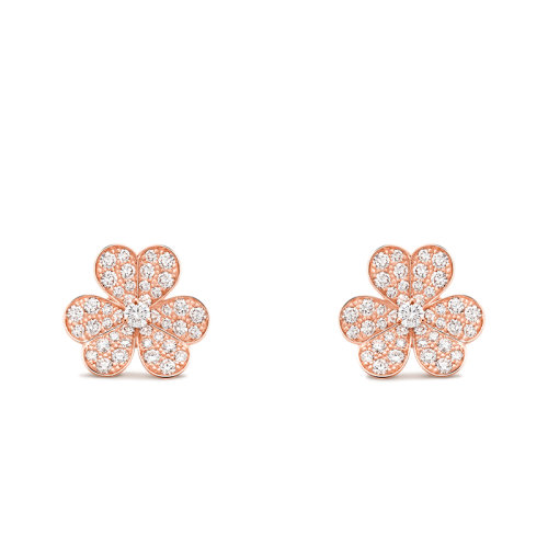 Van Cleef & Arpels/梵克雅寶 Frivole系列 小號款18K金玫瑰金鑲嵌88顆鉆石三葉草耳釘VCARP7RM00