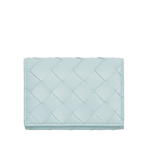 Bottega Veneta/葆蝶家 22春夏新款 女士水洗青色I(xiàn)ntrecciato編織皮革雙折按扣卡包690573VCPP33902
