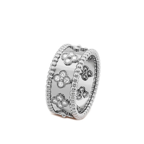 Van Cleef & Arpels/梵克雅寶 Perlée trèfles系列 小號(hào)款18K金白金三葉草圖案鑲嵌28顆鉆石戒指指環(huán)VCARO9ND00
