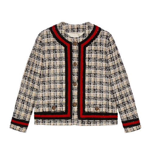 GUCCI/古馳    女士米色黑色方形G格紋花呢夾克652255ZAGLP2254