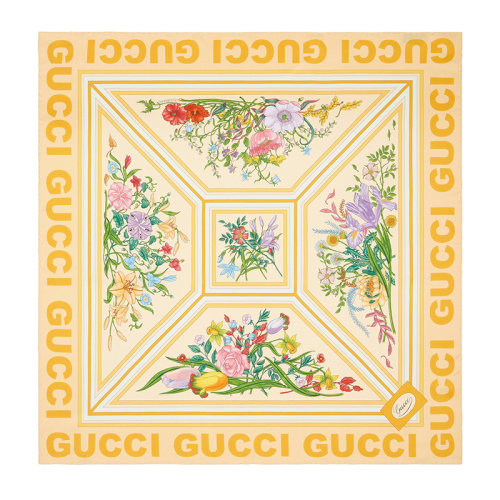 GUCCI/古馳 22年春夏新款 女士黃色真絲花卉印花方巾圍巾絲巾?6914553G0017400