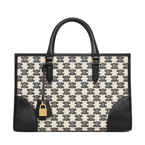 CELINE/賽琳 22新款TRIOMPHE系列 女士迷你黑色/白色織物配皮飾徽標(biāo)刺繡配金鎖皮革吊飾可拆卸肩帶單肩手提托特包110432CS8.38NO