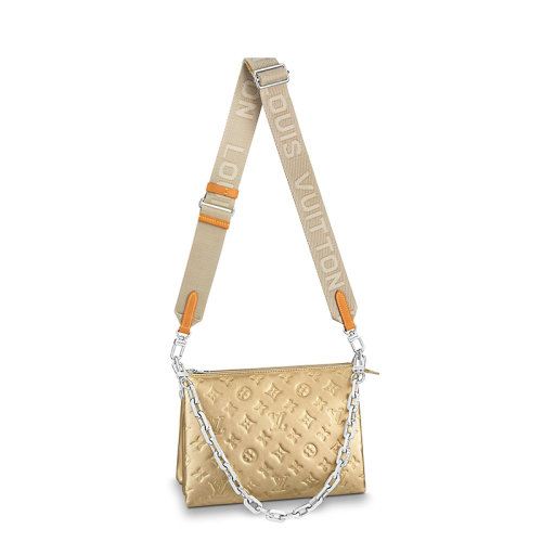Louis Vuitton/路易威登 經(jīng)典款COUSSIN系列 女士小號金色羊皮革老花壓印銀鏈配可拆卸肩帶單肩斜挎手提鏈條法棍包M59278