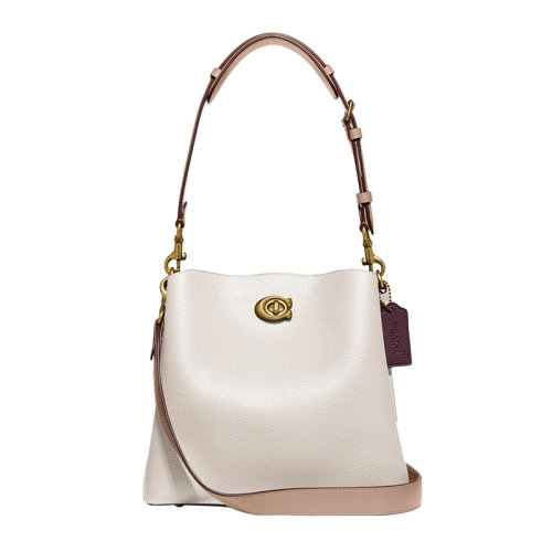 COACH/蔻馳【專柜款】Willow系列女士白色拋光卵石皮革旋鎖按扣開合單肩包斜挎包手提包水桶包女包 C3766B4CAH