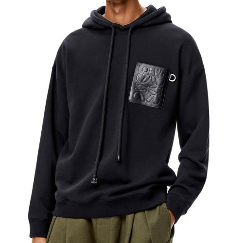 LOEWE/羅意威 22年早春新款 男士深藍(lán)色棉質(zhì)抓絨Anagram皮革貼片連帽衫衛(wèi)衣H526Y25J12-9602